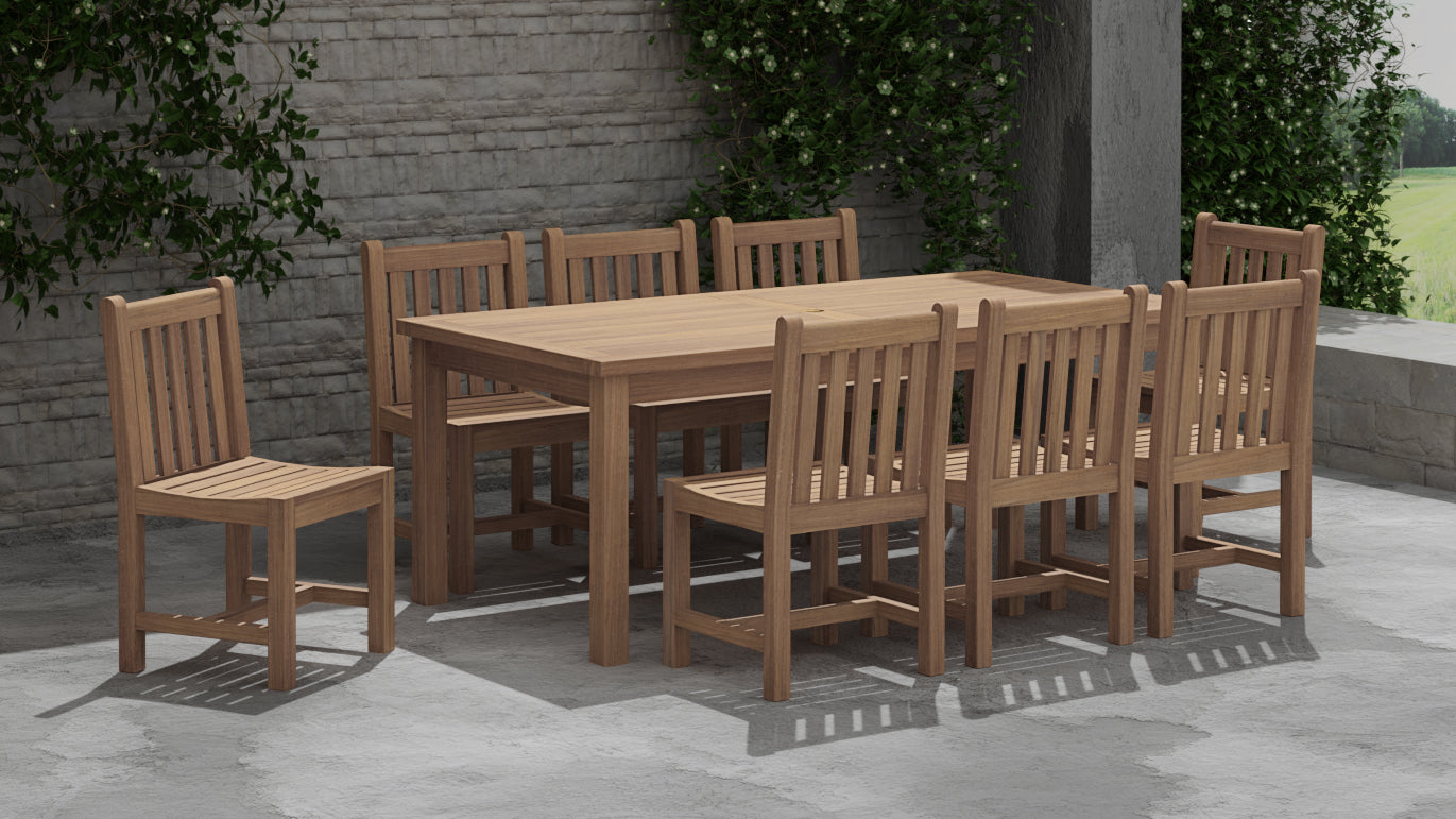 100 x 200cm Teak Fixed Rectangular Table & 8 Salisbury Garden Dining Chairs Front Angled View