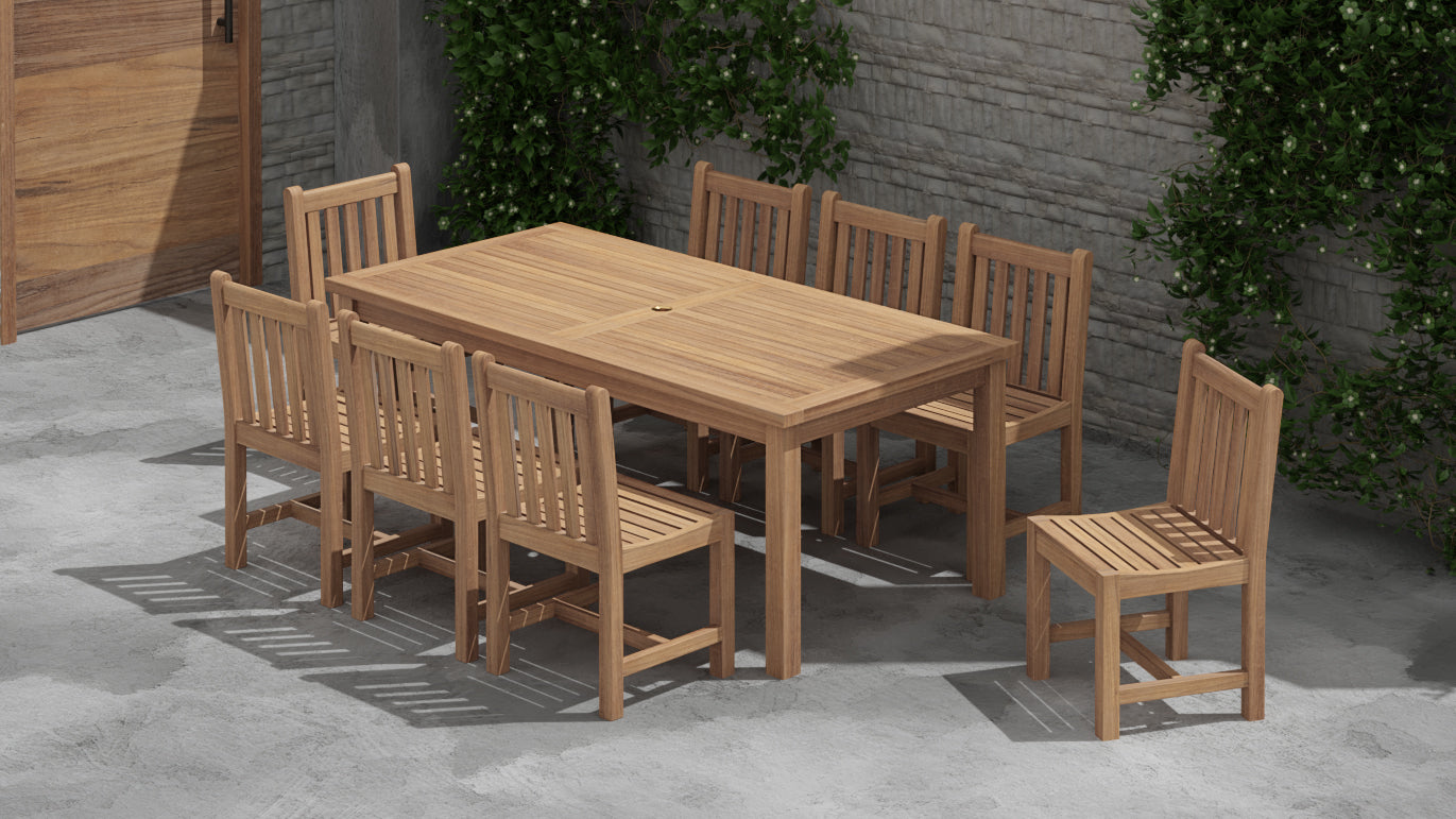 100 x 200cm Teak Fixed Rectangular Table & 8 Salisbury Garden Dining Chairs Overhead Perspective