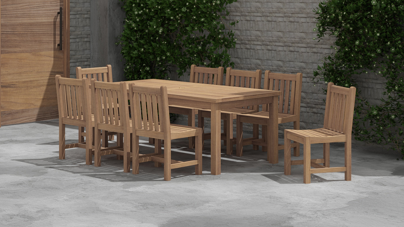 100 x 200cm Teak Fixed Rectangular Table & 8 Salisbury Garden Dining Chairs Alternative Front Angled View