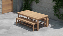 100 x 200cm Teak Fixed Rectangular Table with 2 Backless Benches Front Angled View