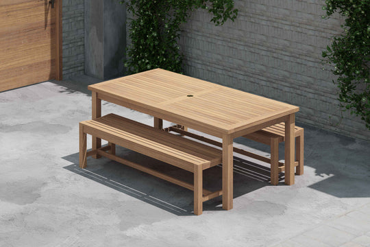 100 x 200cm Teak Fixed Rectangular Table with 2 Backless Benches Front Angled View