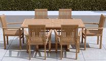 Teak Rectangular Extending Garden Dining Table 130-180cm & 6 Wells Stacking Carver Chairs