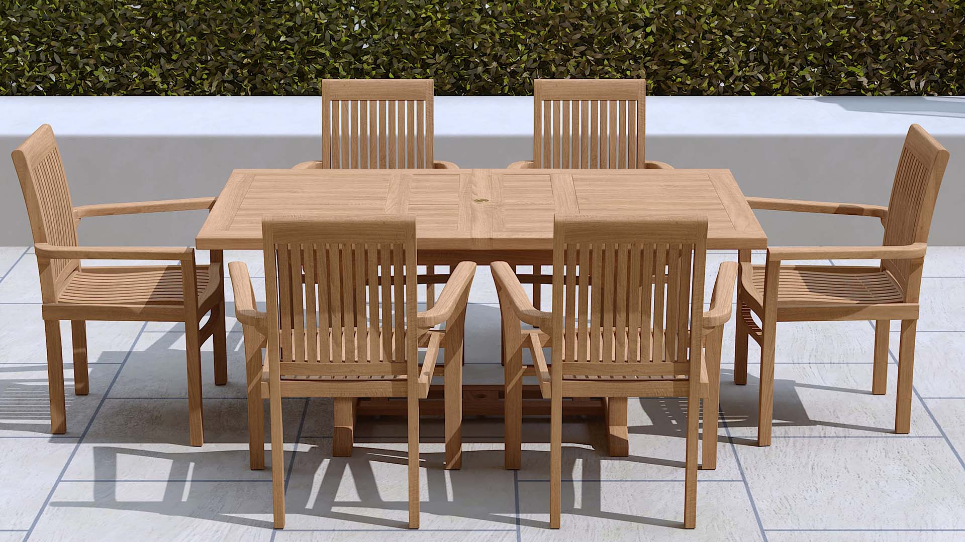 Teak Rectangular Extending Garden Dining Table 130-180cm & 6 Wells Stacking Carver Chairs