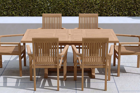 Teak Rectangular Extending Garden Dining Table 130-180cm & 6 Wells Stacking Carver Chairs