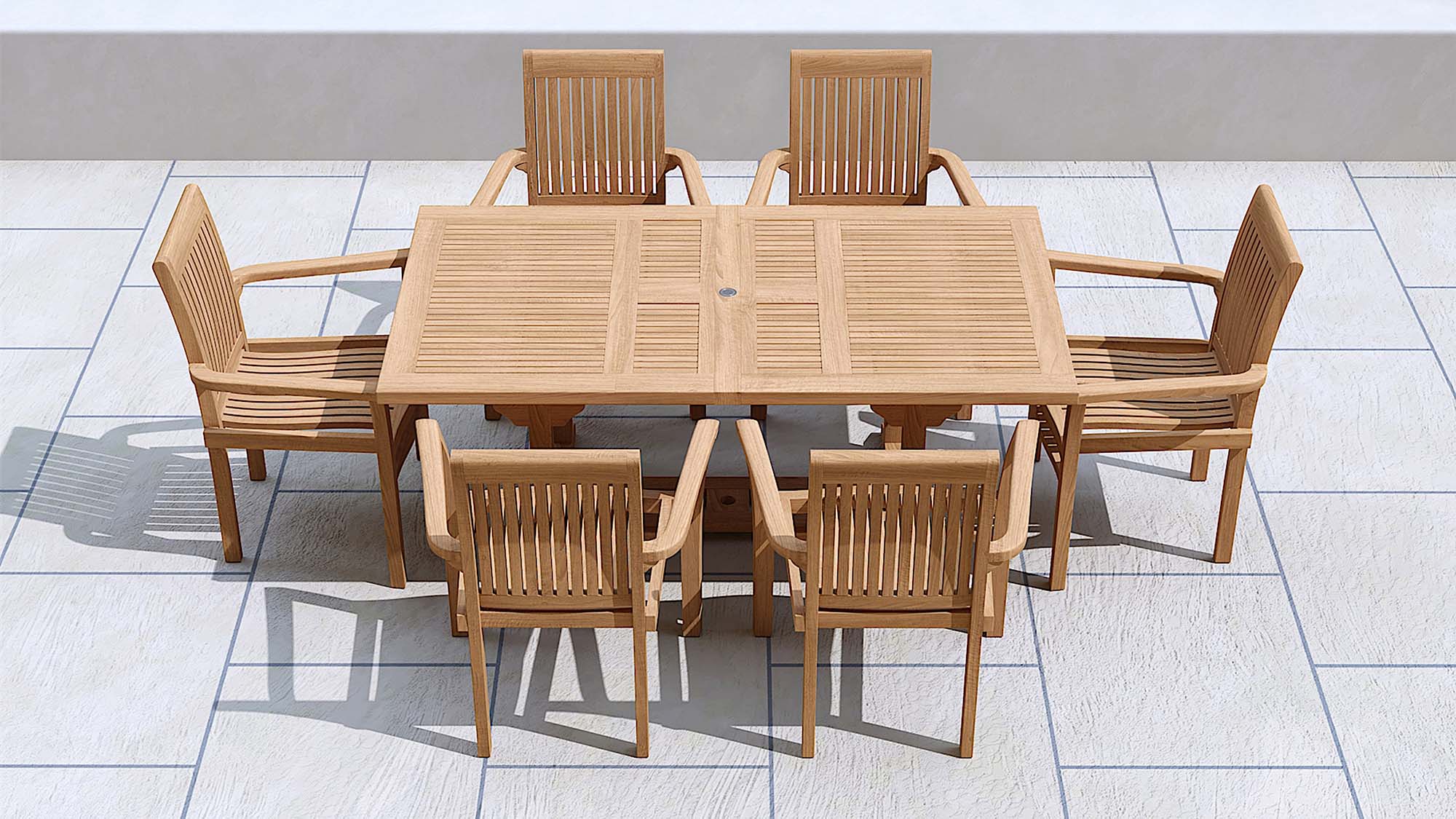 Teak Rectangular Extending Garden Dining Table 130-180cm & 6 Wells Stacking Carver Chairs Overhead Perspective