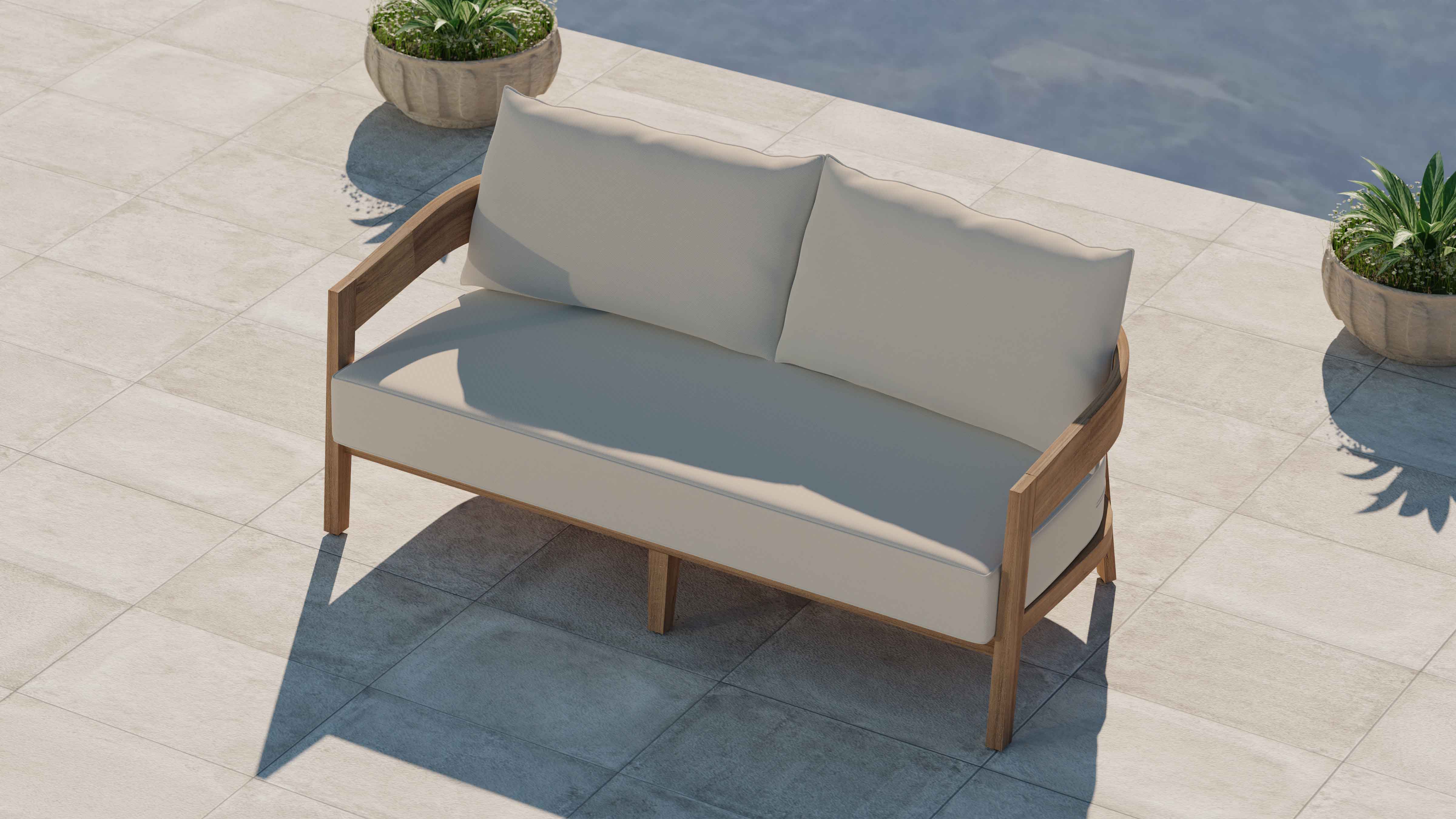 Windsor Teak Two Seater Sofa with Ecru Cushions Overhead Perspective