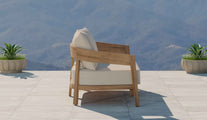 Windsor Teak Two Seater Sofa with Ecru Cushions Side View