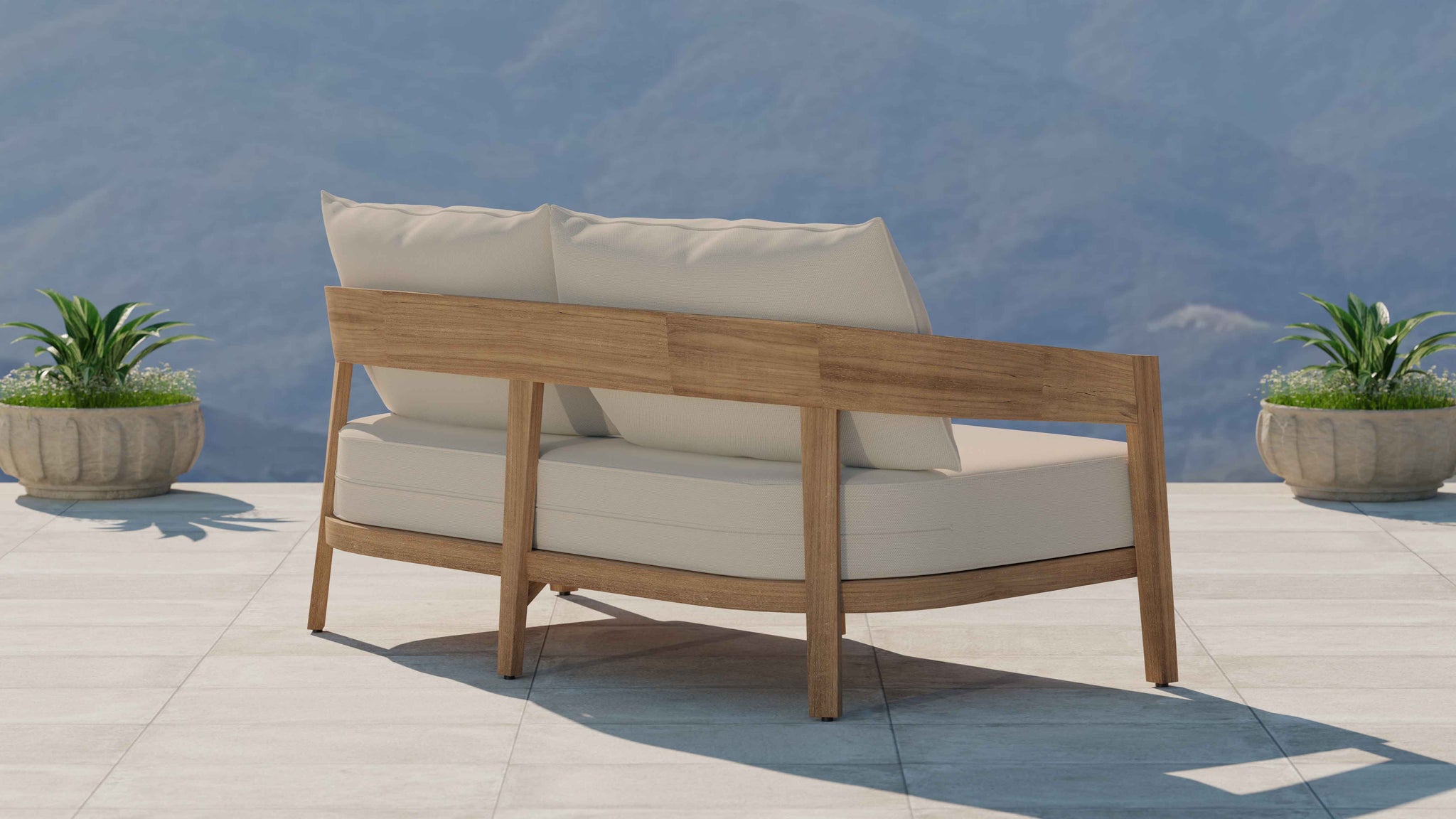 Windsor Teak Two Seater Sofa with Ecru Cushions Rear Angled View