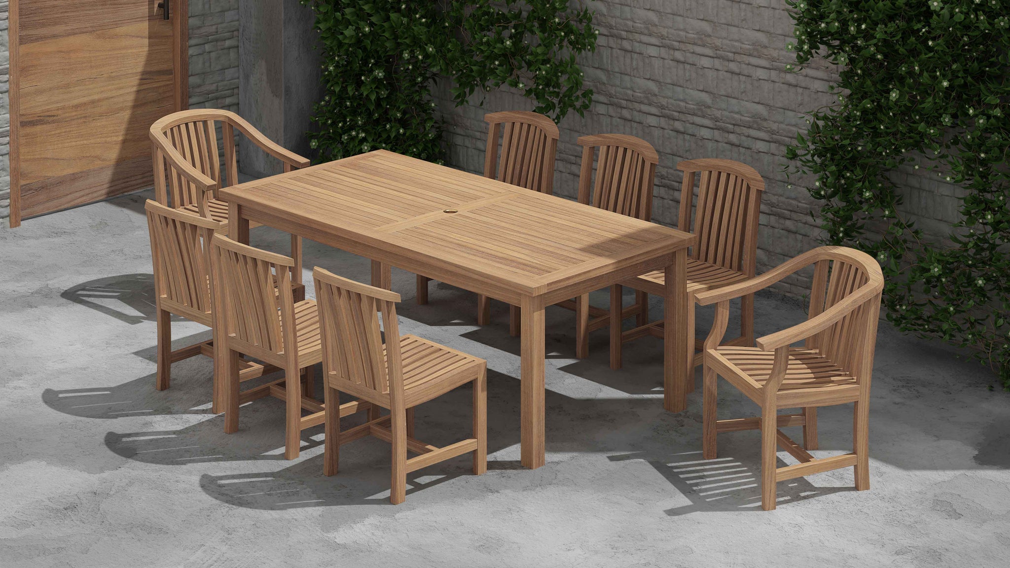 100 x 200cm Teak Fixed Garden Dining Table with 2 Winchester Carver & 6 Winchester Dining Chairs Overhead Perspective