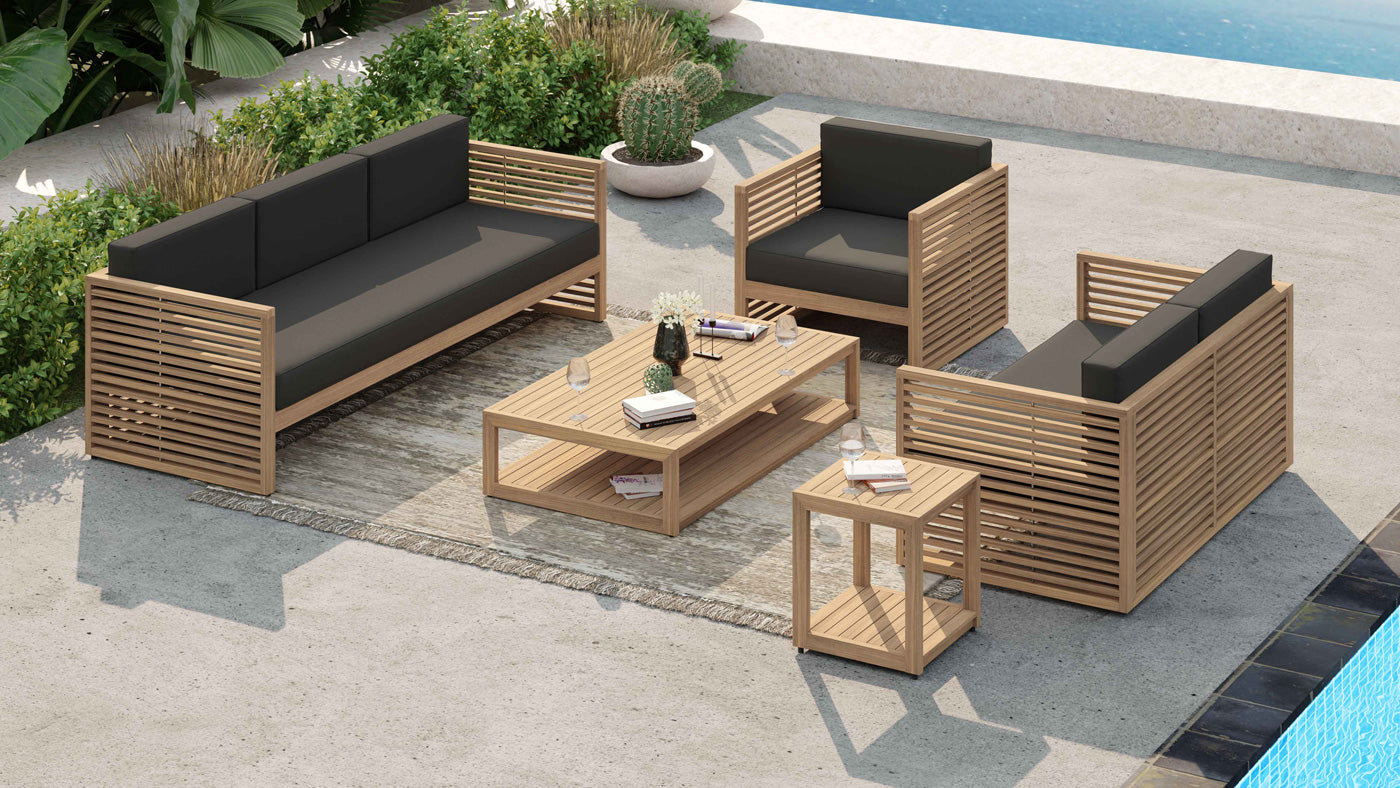 Buckingham Teak Outdoor Lounge Set Featuring 3 Seat Sofa, 2 Seat Sofa, Lounge Armchair, Rectangular Coffee Table & Square Side Table in Taupe