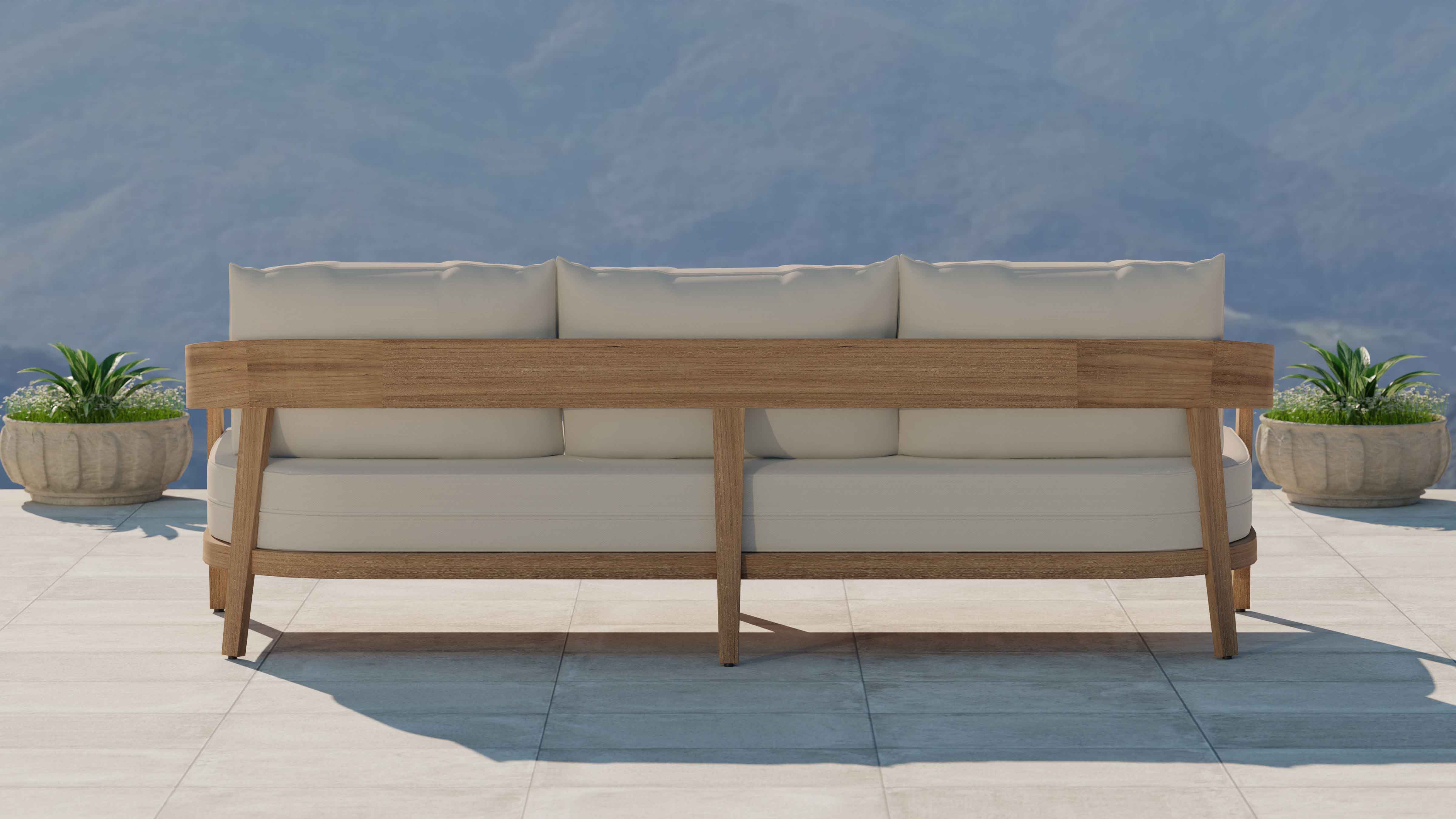Windsor Teak Three Seater Sofa with Ecru Cushions Rear View