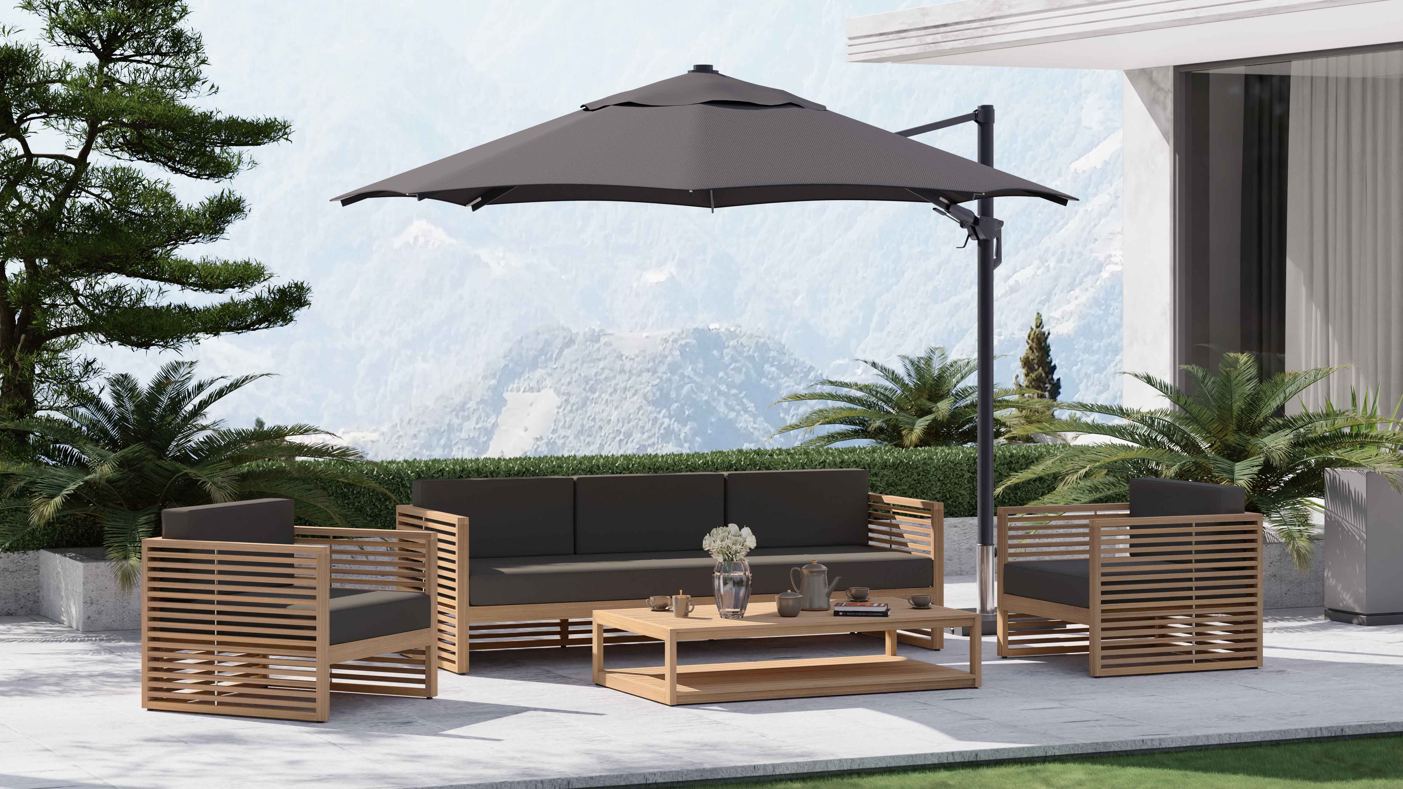 Buckingham Teak Outdoor Lounge Set Featuring 3 Seat Sofa, Two Lounge Armchairs, Rectangular Coffee Table & Cantilever Parasol in Graphite