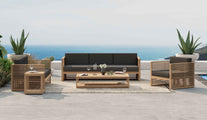 Buckingham Teak Outdoor Lounge Set Featuring 3 Seat Sofa, 2 Seat Sofa, One Lounge Armchair, Square Side Table and a Rectangular Coffee Table in Taupe