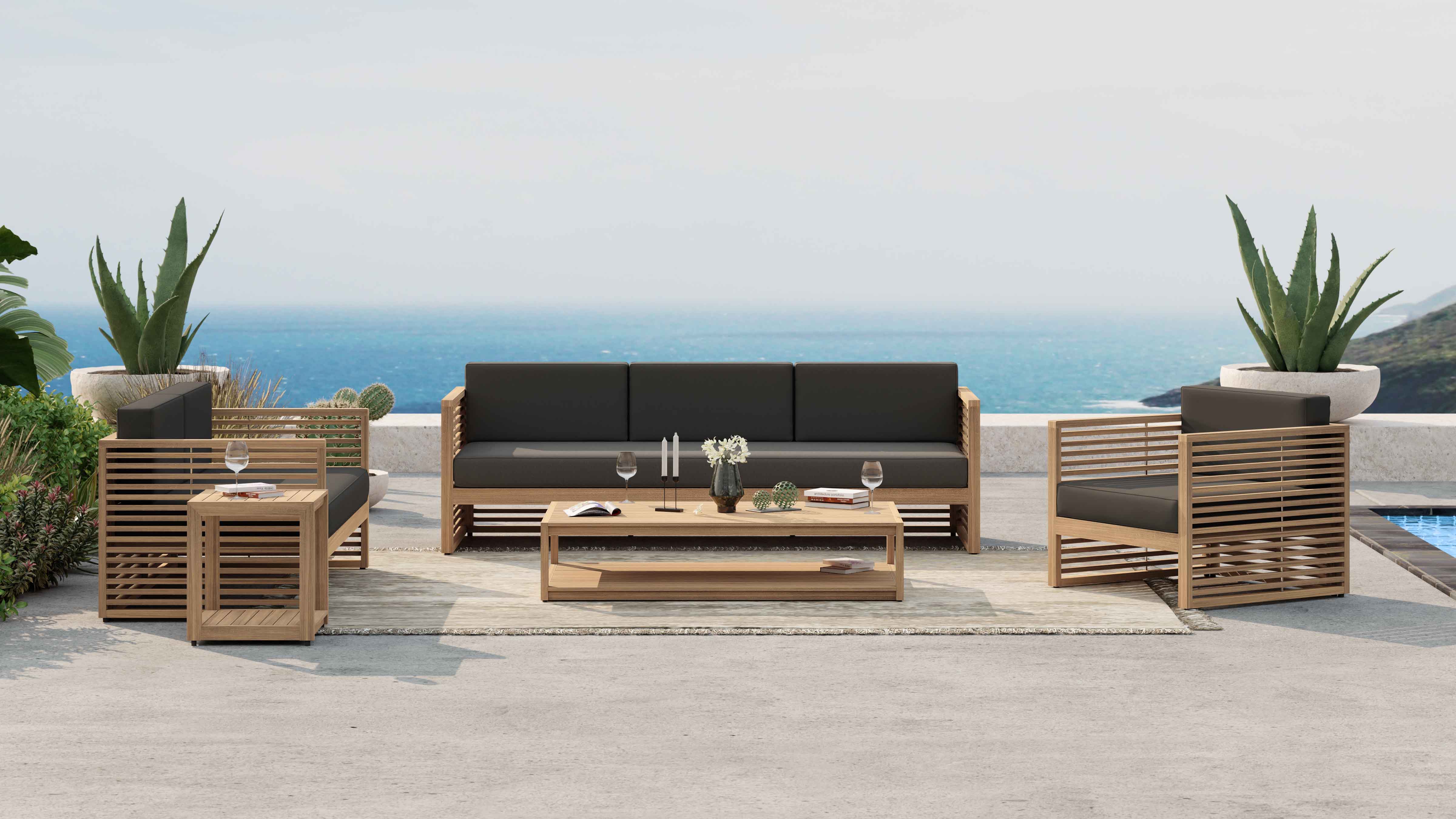 Buckingham Teak Outdoor Lounge Set Featuring 3 Seat Sofa, 2 Seat Sofa, One Lounge Armchair, Square Side Table and a Rectangular Coffee Table in Taupe