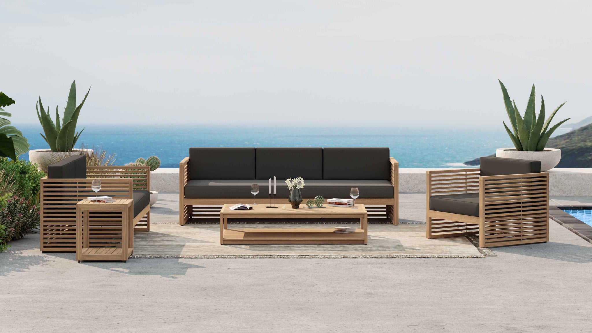 Buckingham Teak Outdoor Lounge Set Featuring 3 Seat Sofa, 2 Seat Sofa, One Lounge Armchair, Square Side Table and a Rectangular Coffee Table in Taupe