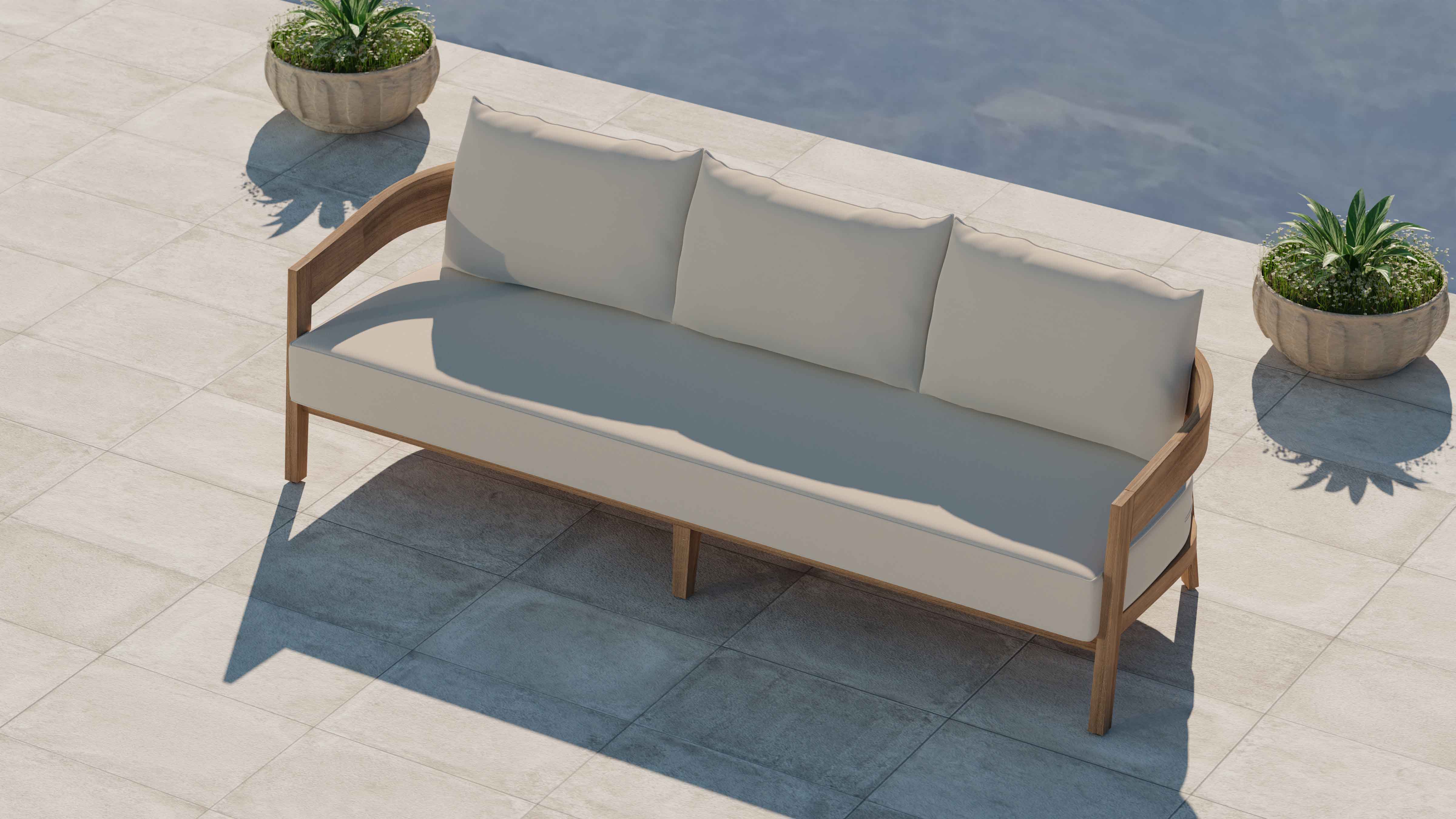 Windsor Teak Three Seater Sofa with Ecru Cushions Overhead Perspective