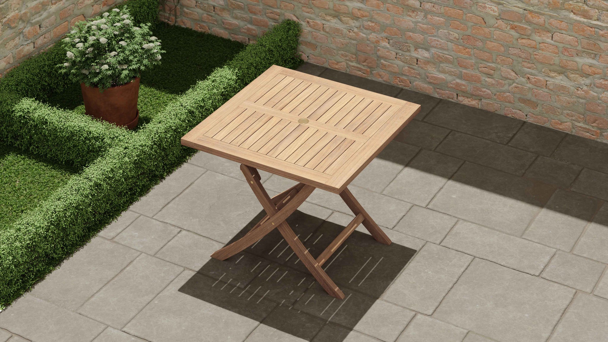 Square Folding Teak Garden Table Overhead Perspective