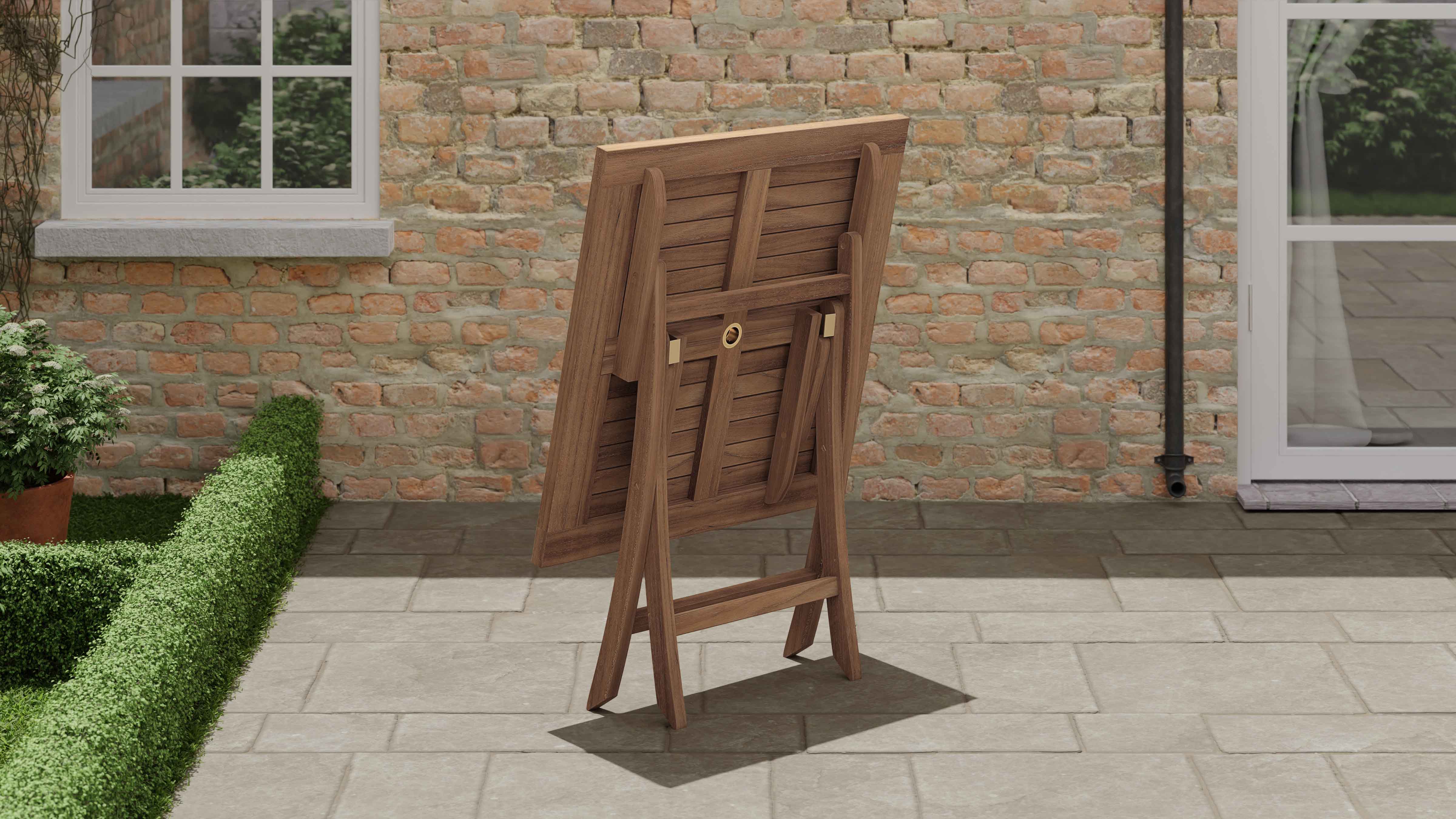 Square Folding Teak Garden Table Shown Folded At Rear
