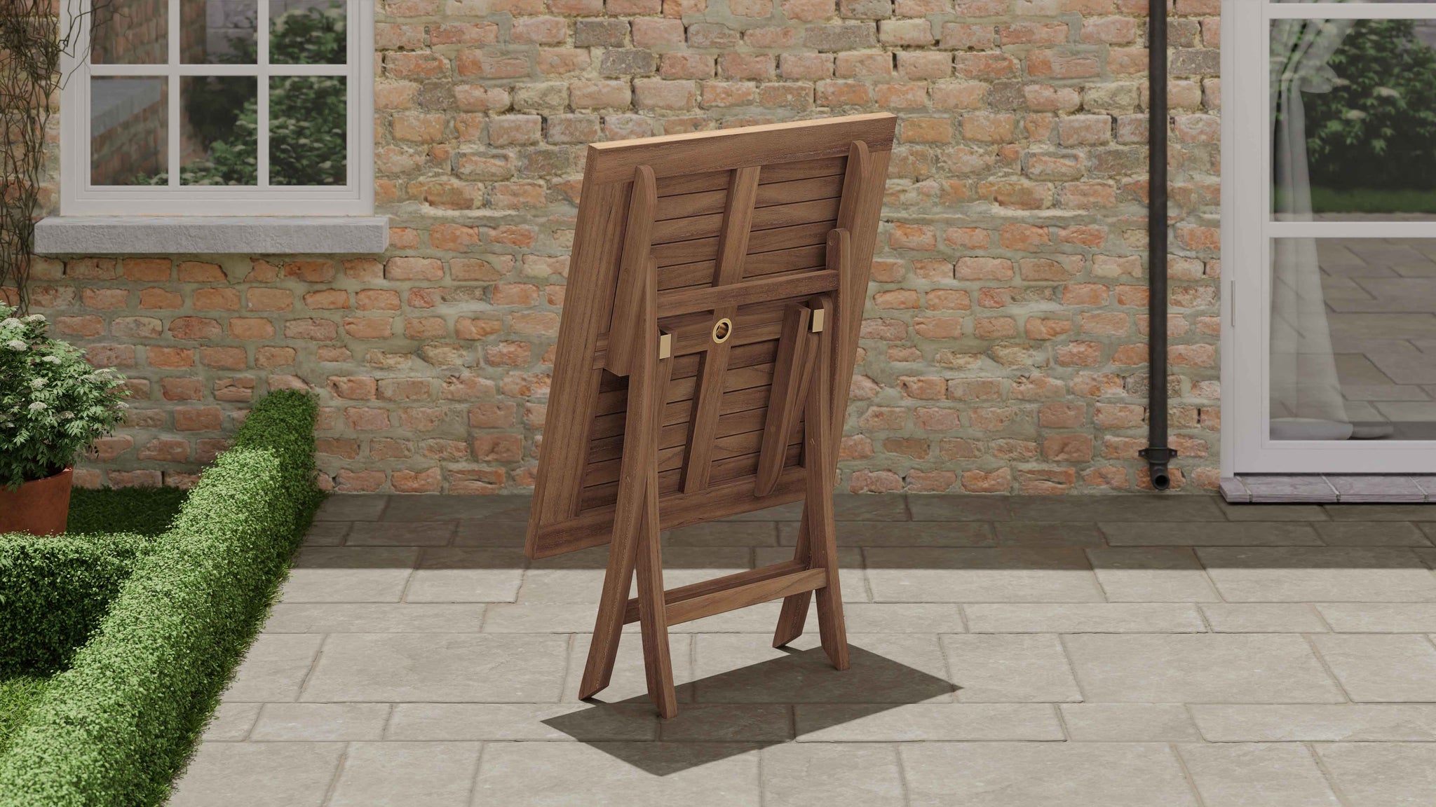 Square Folding Teak Garden Table Shown Folded At Rear