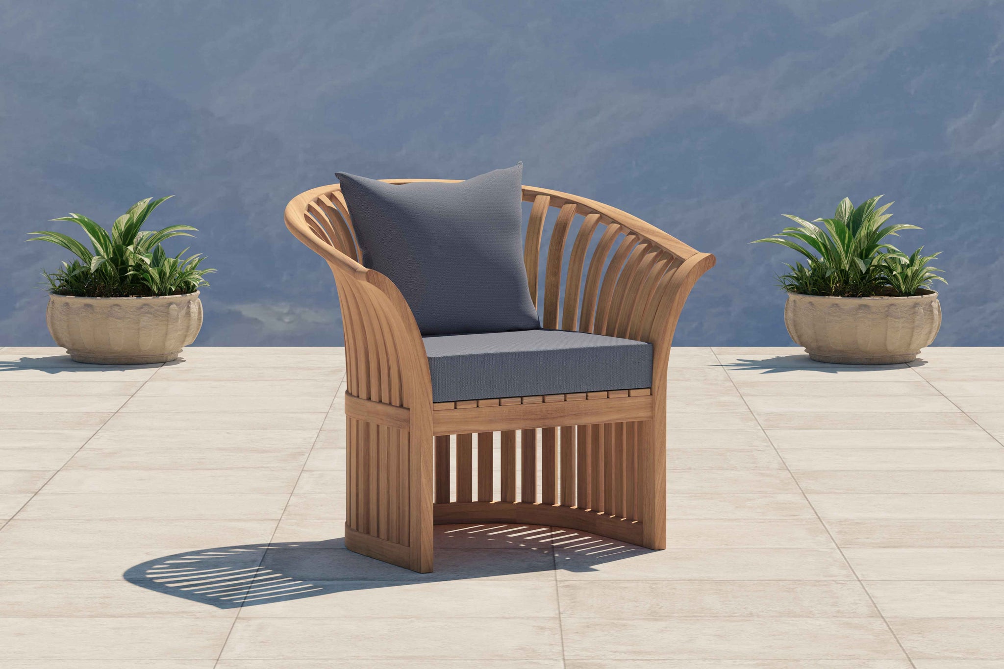 Ascot Teak Outdoor Lounge Chair Shown with Cornflower Cushions