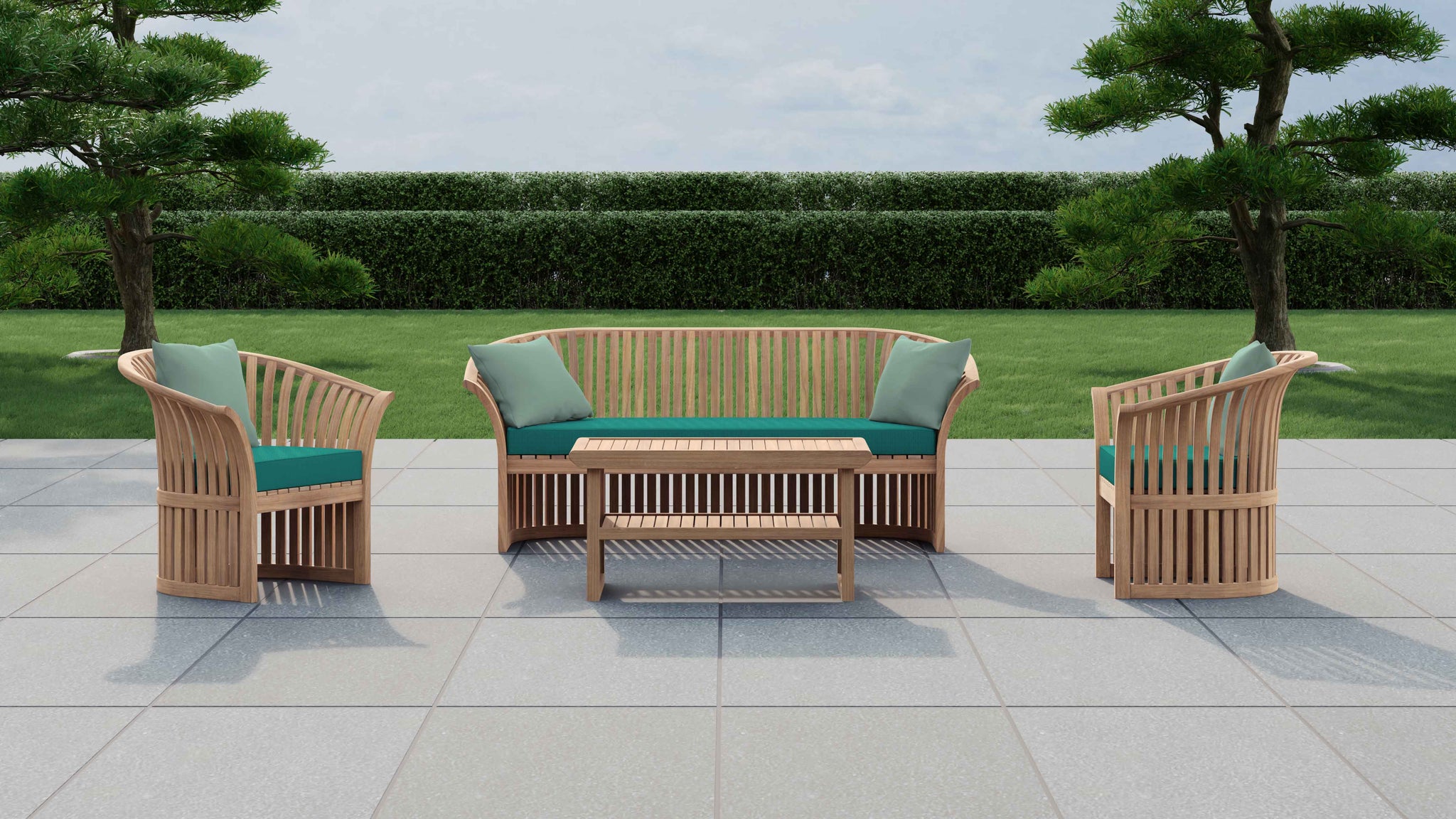 Ascot Teak Outdoor Lounge Sofa with Paris Range Cushion in Teal & Sky