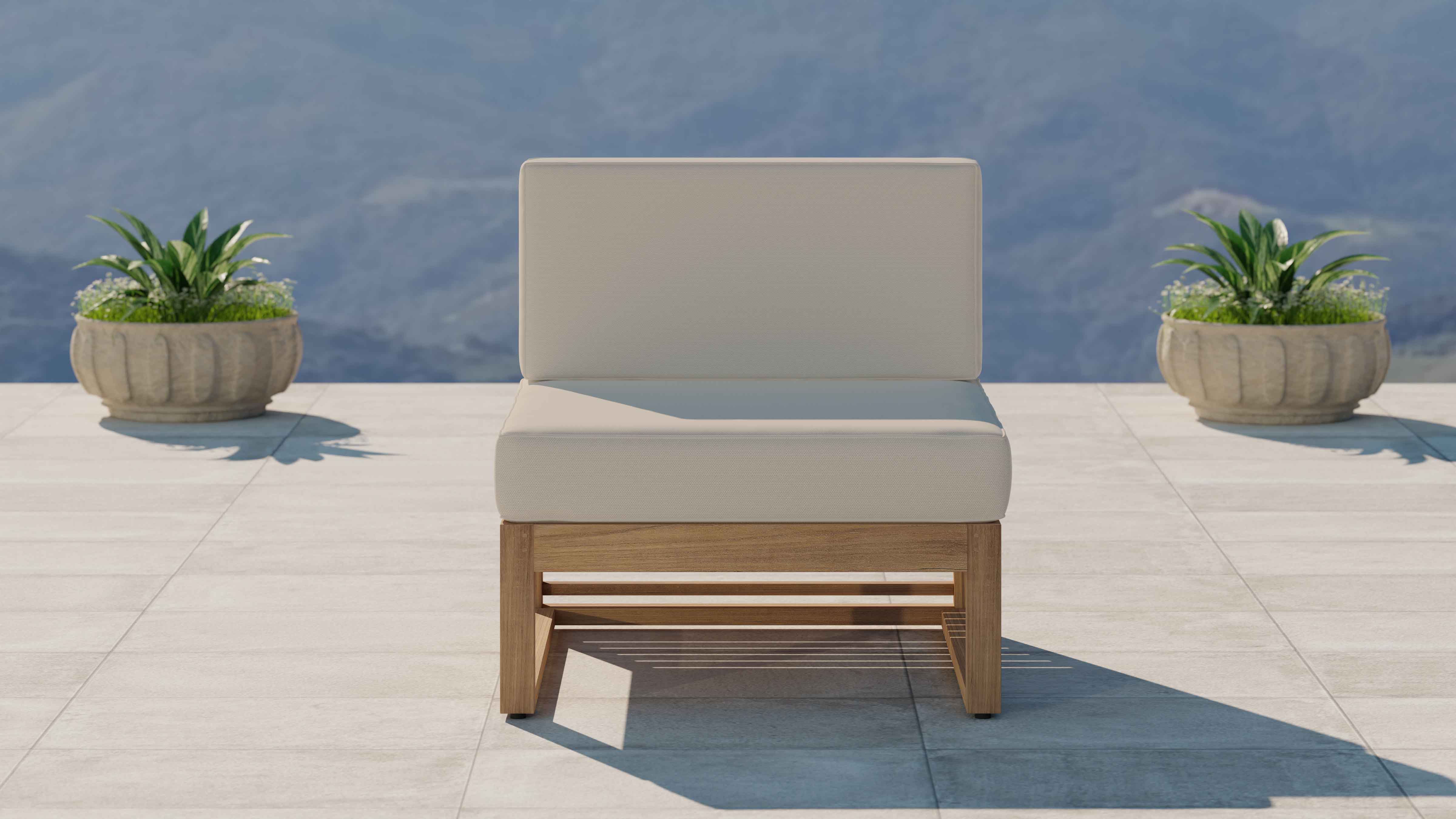 Buckingham Teak Modular Sofa Range Showing One Seat Mid Section with Ecru Cushions Front View