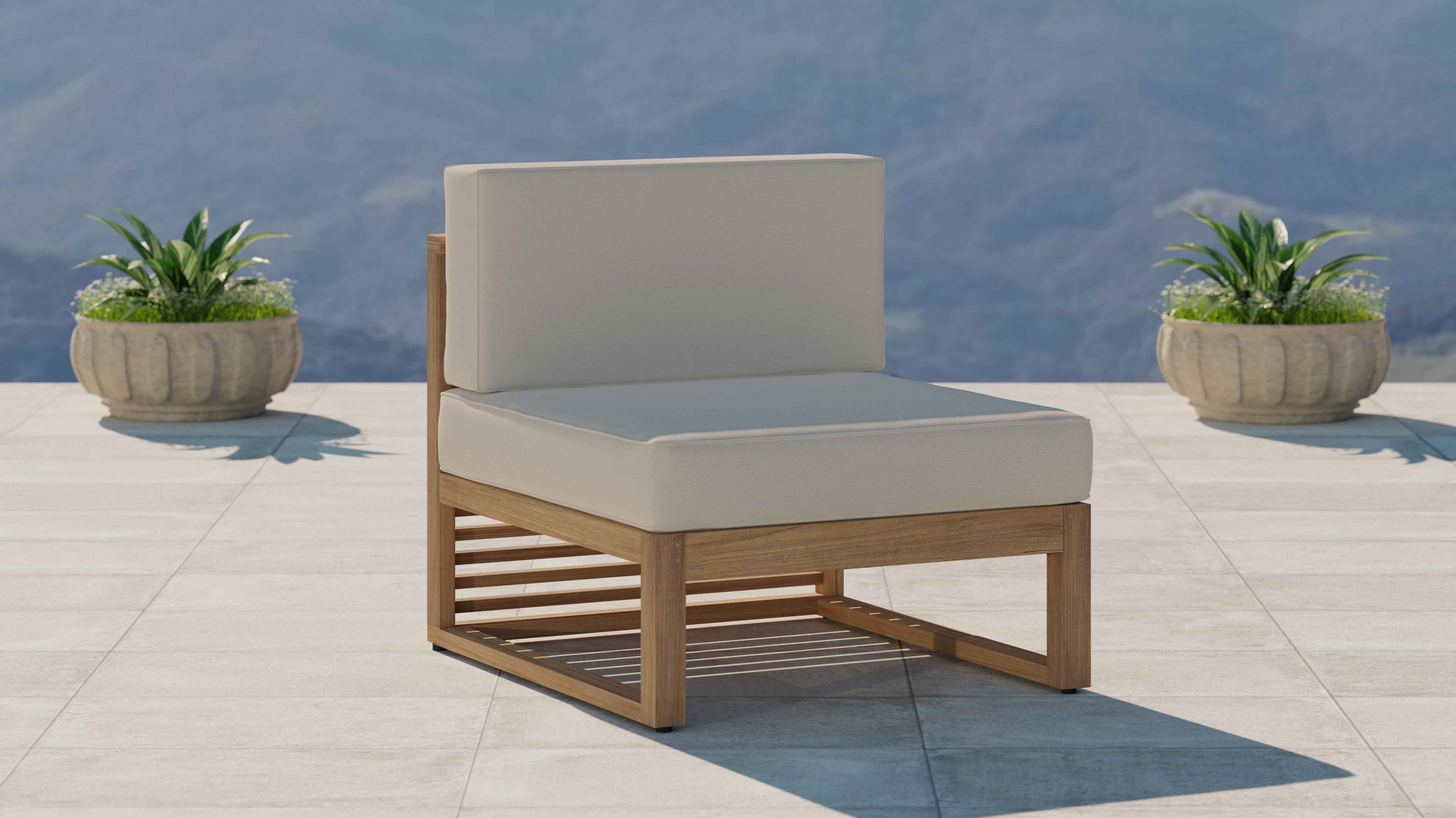Buckingham Teak Modular Sofa Range Showing One Seat Mid Section with Ecru Cushions Front Angled View