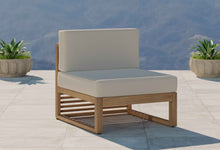 Buckingham Teak Modular Sofa Range Showing One Seat Mid Section with Ecru Cushions Front Angled View