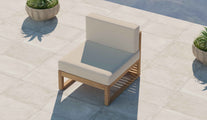 Buckingham Teak Modular Sofa Range Showing One Seat Mid Section with Ecru Cushions Front Overhead Perspective