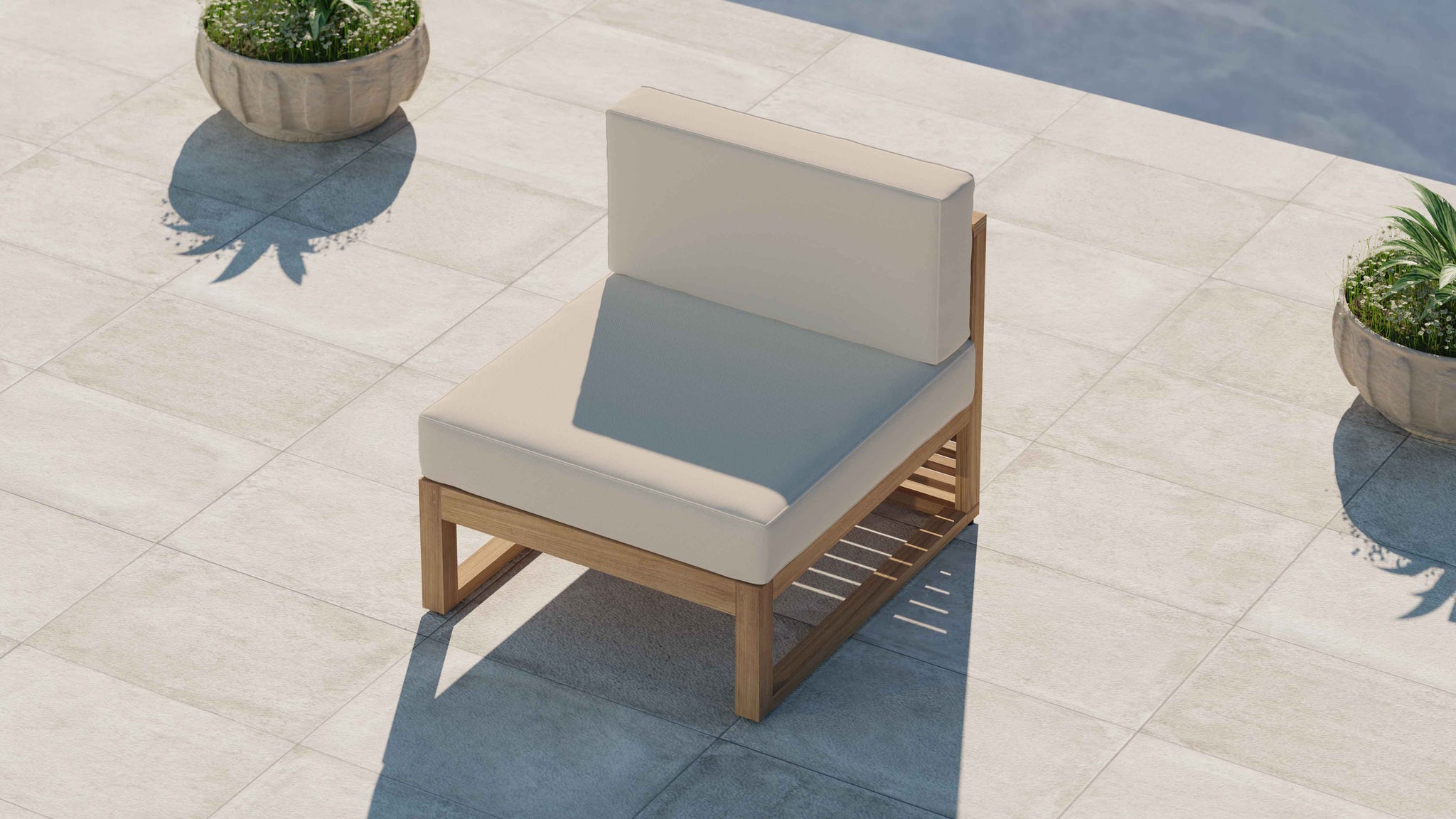 Buckingham Teak Modular Sofa Range Showing One Seat Mid Section with Ecru Cushions Front Overhead Perspective