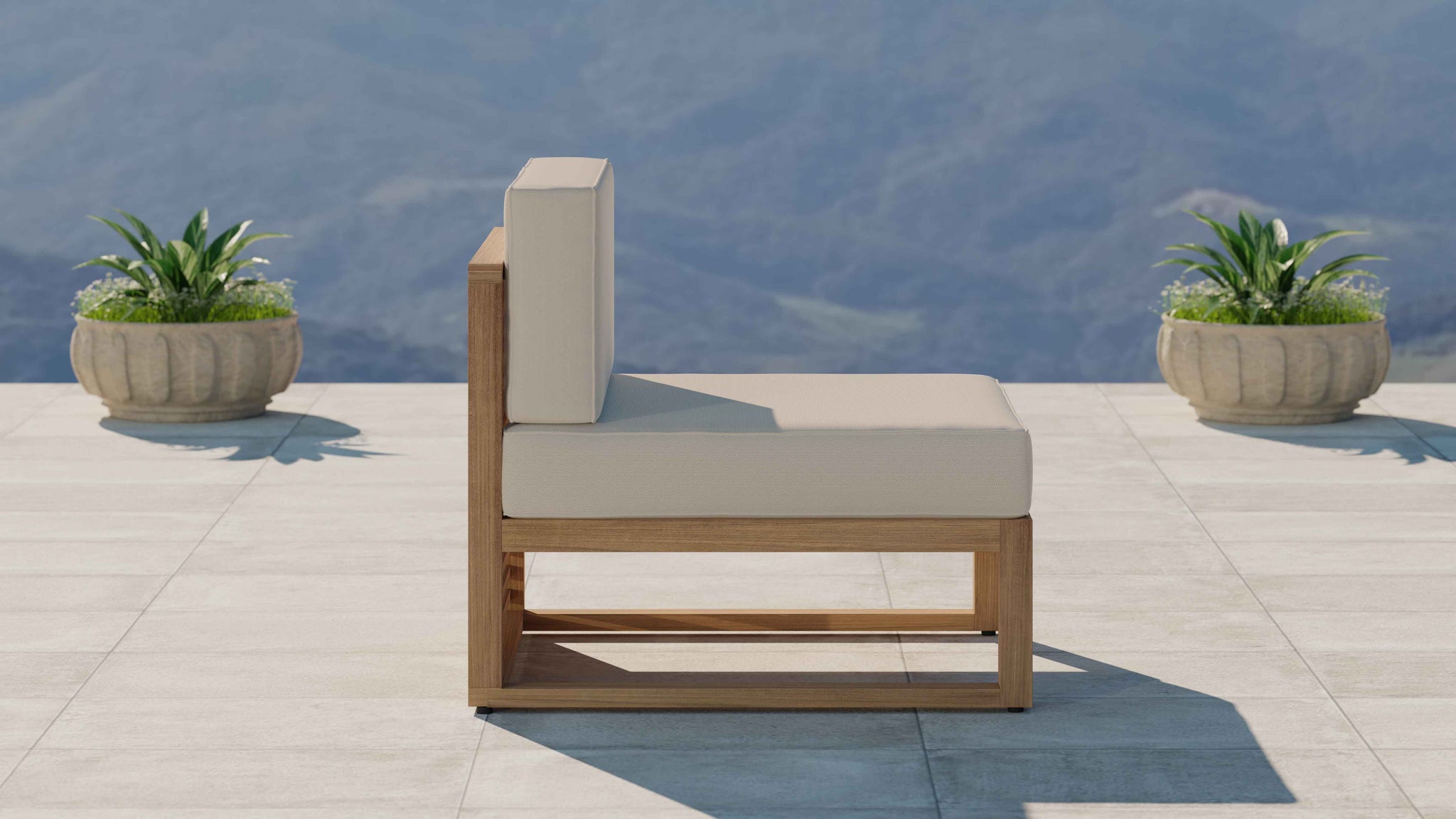 Buckingham Teak Modular Sofa Range Showing One Seat Mid Section with Ecru Cushions Side View
