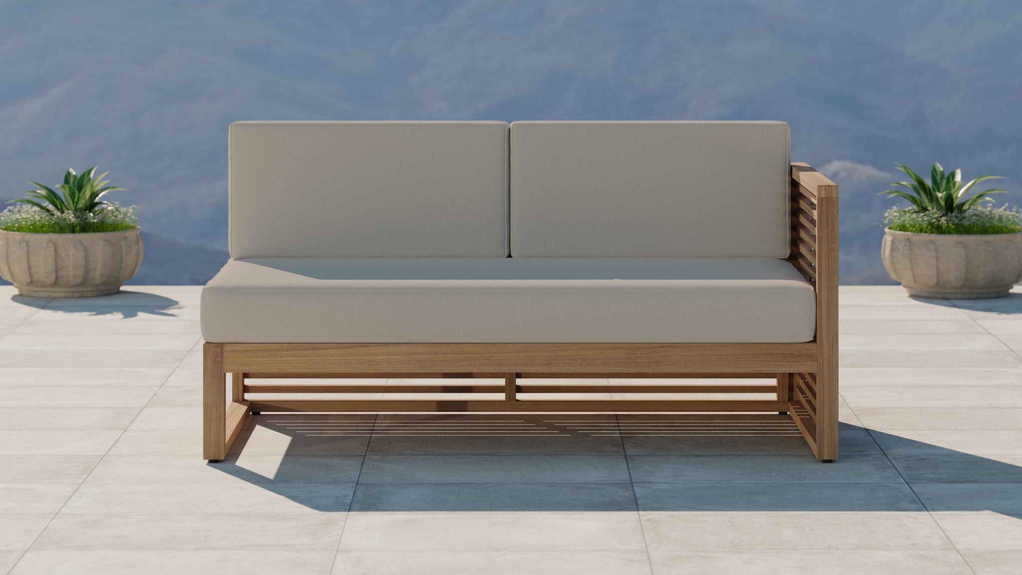 Buckingham Teak Modular Open End Two Seater Sofa with Ecru Cushions Front View