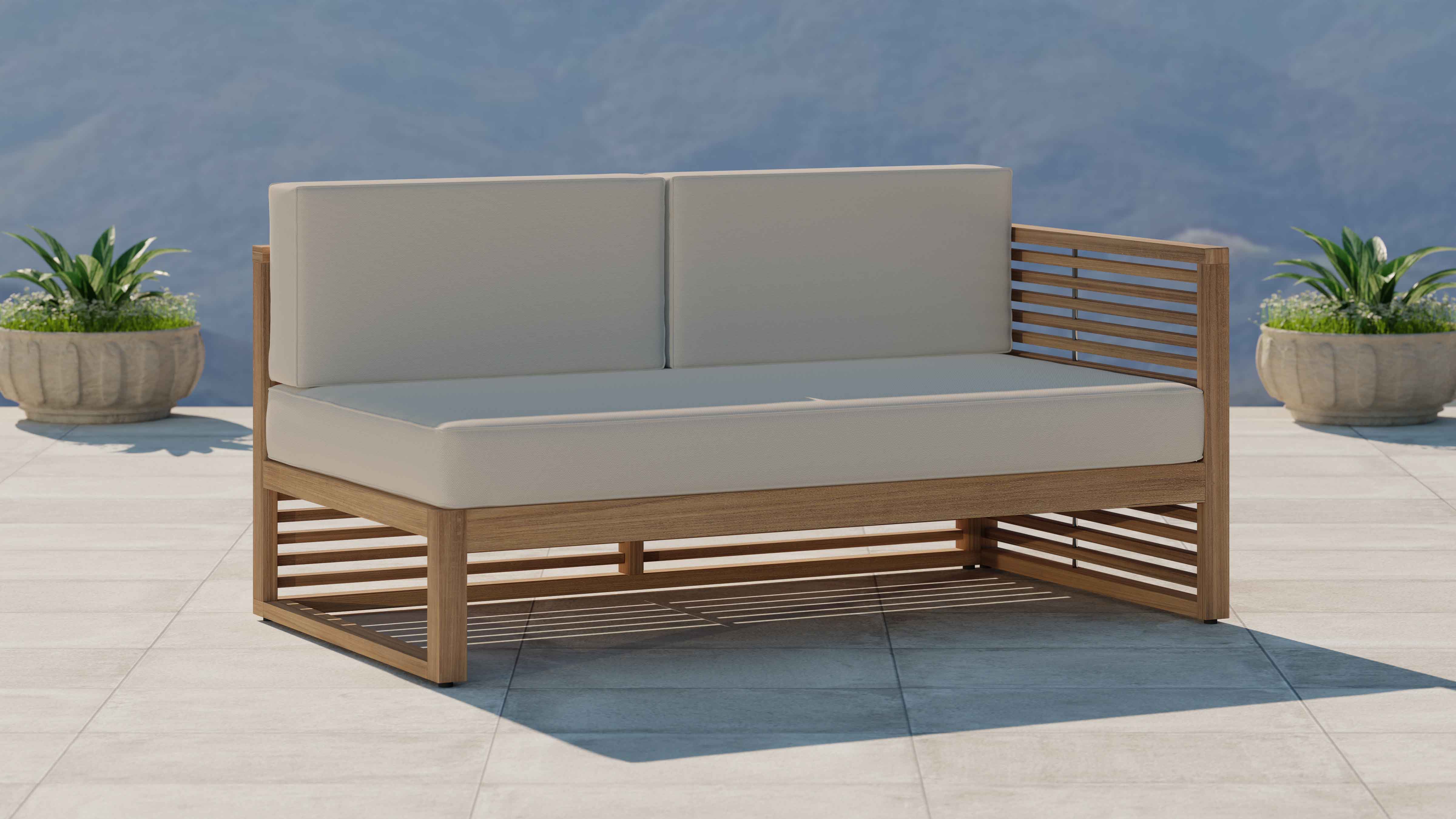 Buckingham Teak Modular Open End Two Seater Sofa with Ecru Cushions Front Angled View