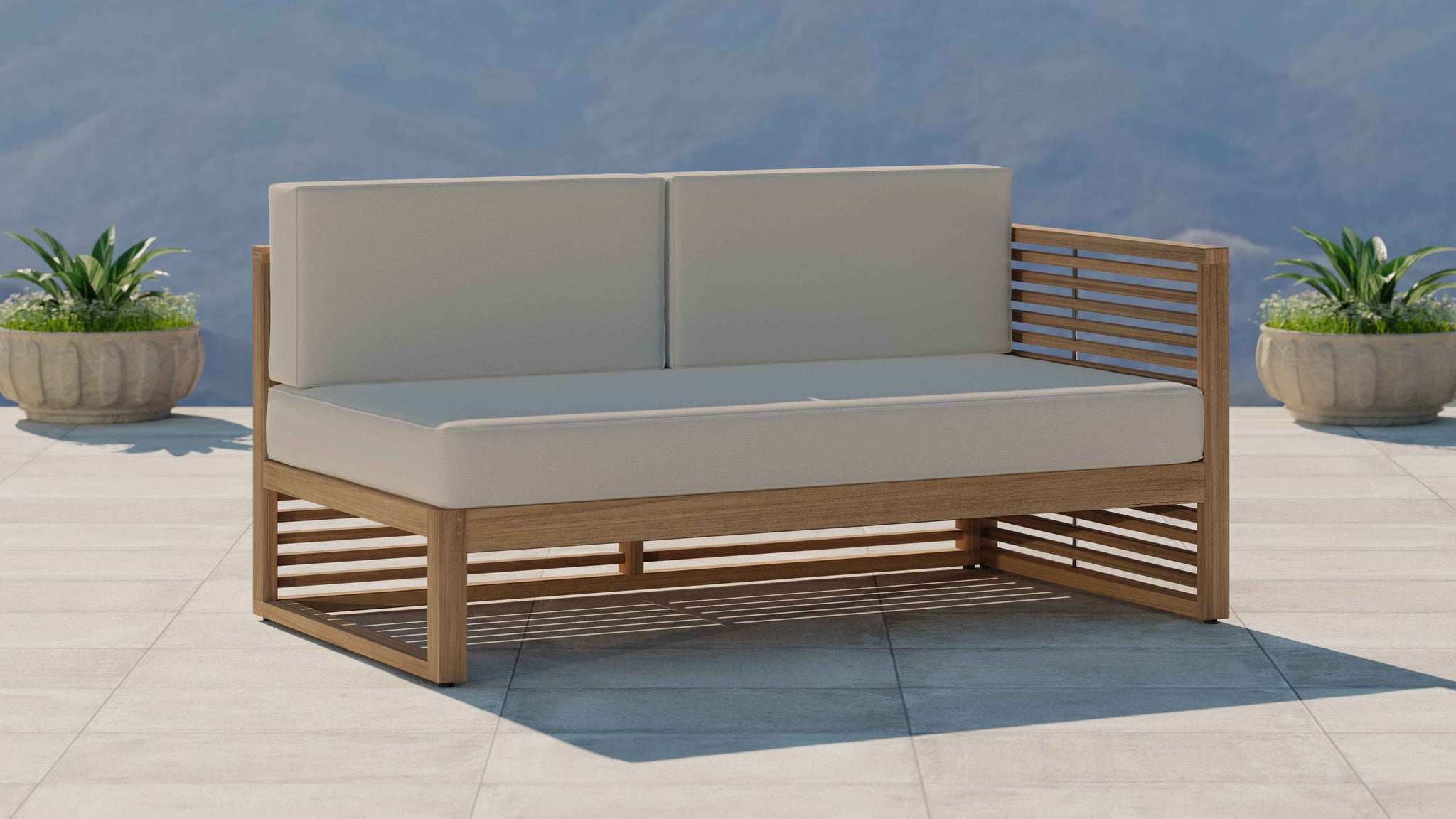 Buckingham Teak Modular Open End Two Seater Sofa with Ecru Cushions Front Angled View