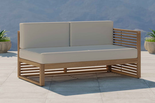 Buckingham Teak Modular Open End Two Seater Sofa with Ecru Cushions Front Angled View