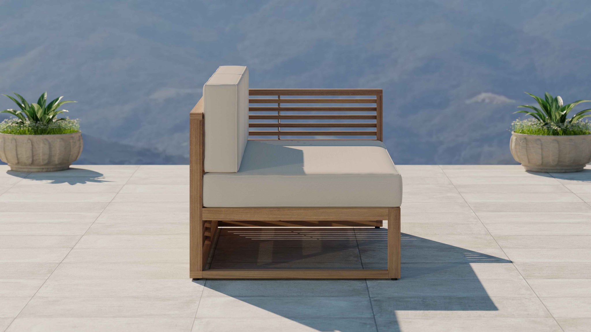 Buckingham Teak Modular Open End Two Seater Sofa with Ecru Cushions Side View