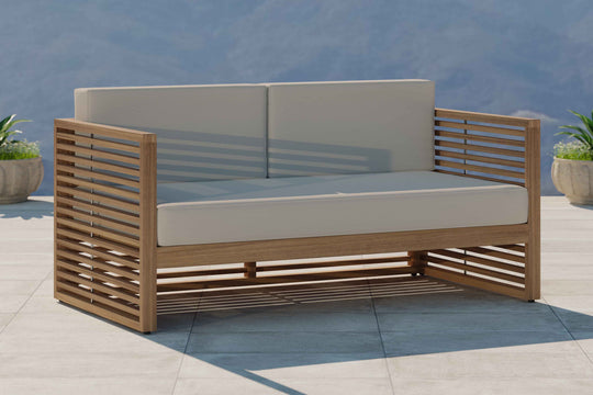 Buckingham Teak Modular Two Seater Sofa with Ecru Cushions Front Angled View