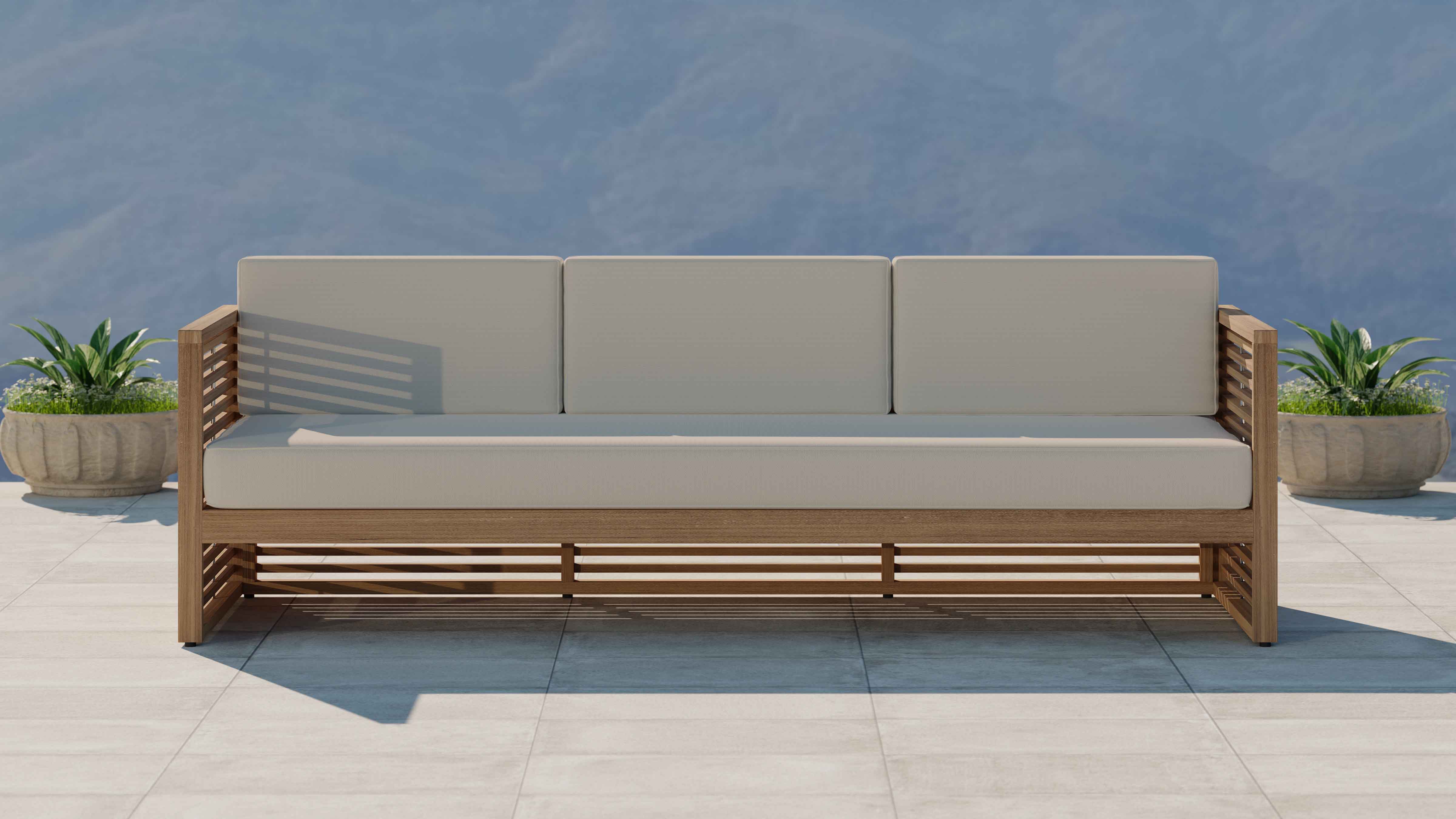 Buckingham Teak Modular Three Seater Sofa with Ecru Cushions Front View