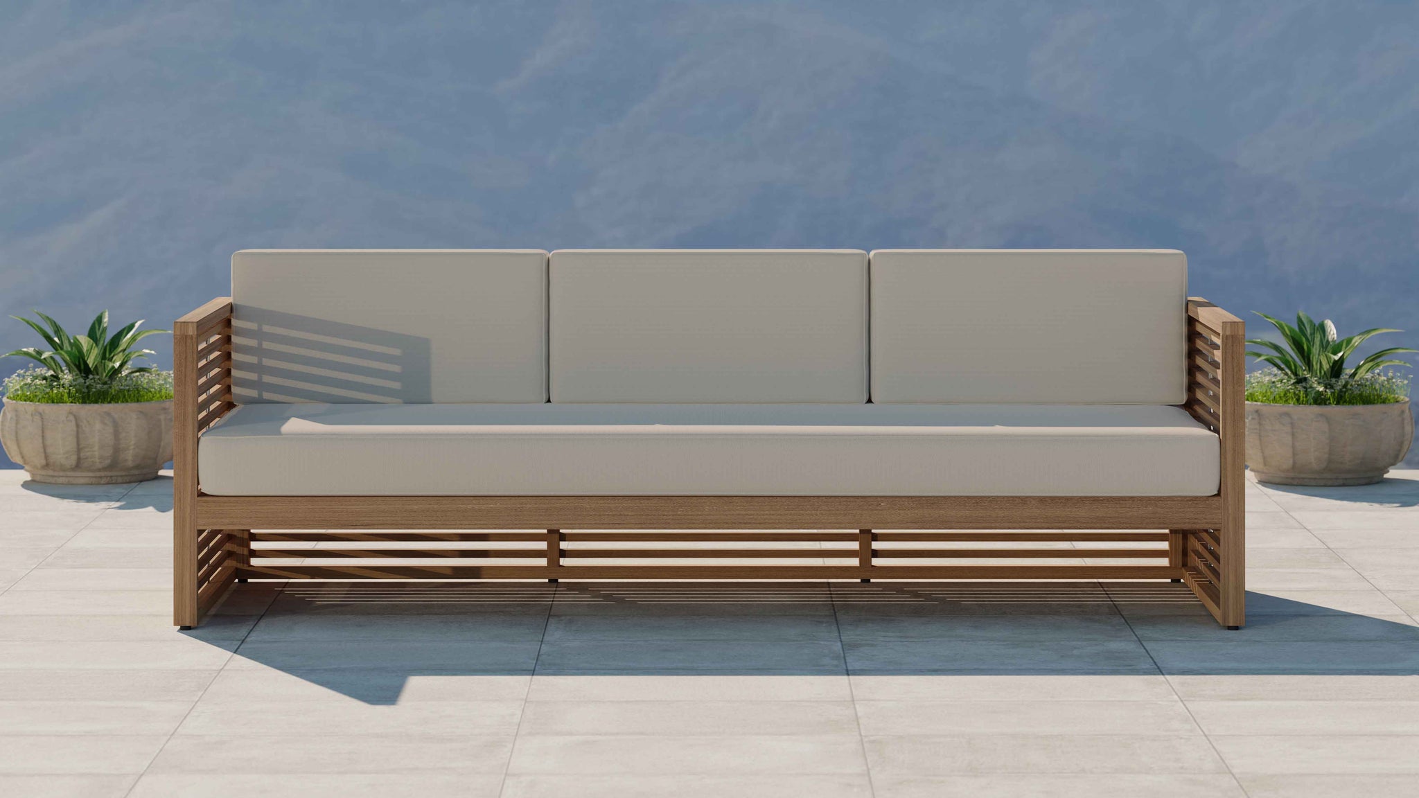 Buckingham Teak Modular Three Seater Sofa with Ecru Cushions Front View