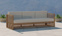 Buckingham Teak Modular Three Seater Sofa with Ecru Cushions Front Angled View