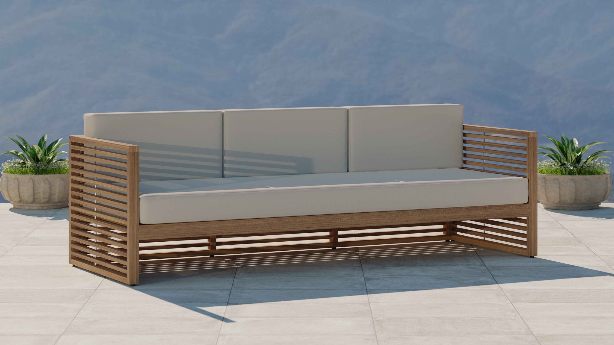 Buckingham Teak Modular Three Seater Sofa with Ecru Cushions Front Angled View