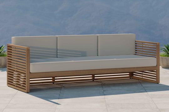Buckingham Teak Modular Three Seater Sofa with Ecru Cushions Front Angled View