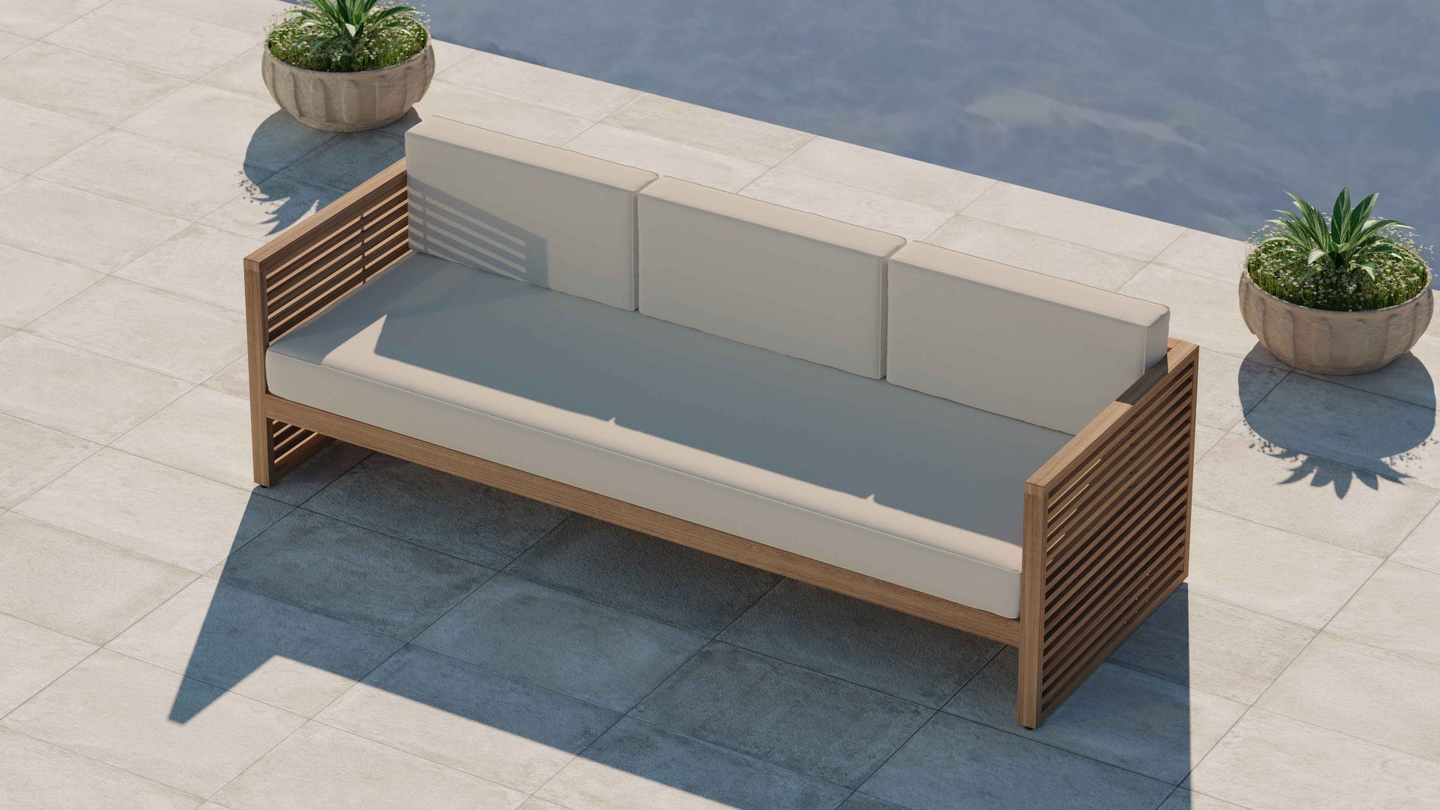Buckingham Teak Modular Three Seater Sofa with Ecru Cushions Overhead Perspective