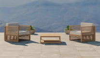 Buckingham Outdoor Lounge Furniture Set Showing Two Lounge Chairs and Square Coffee Table with Ecru Cushions