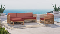 Buckingham Teak Modular Set Showing Three Seater Sofa, Footstool and Lounge Armchair in Paris Fabric - Terracotta Seat Cushions with Amber Back Cushions