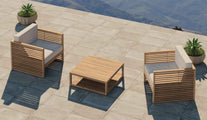 Buckingham Teak Square Coffee Table with Shelf Shown with Lounge Armchairs in Ecru