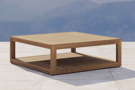Buckingham Teak Square Coffee Table with Shelf Front Angled View