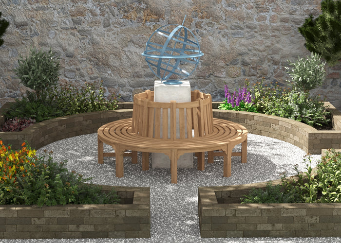 front view of a circular teak tree bench