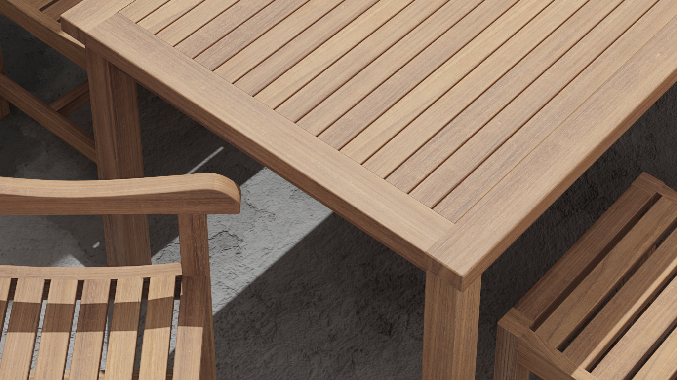 100x200cm Teak Fixed Rectangular Table With Salisbury Carver & Dining Chairs Up Close Detail