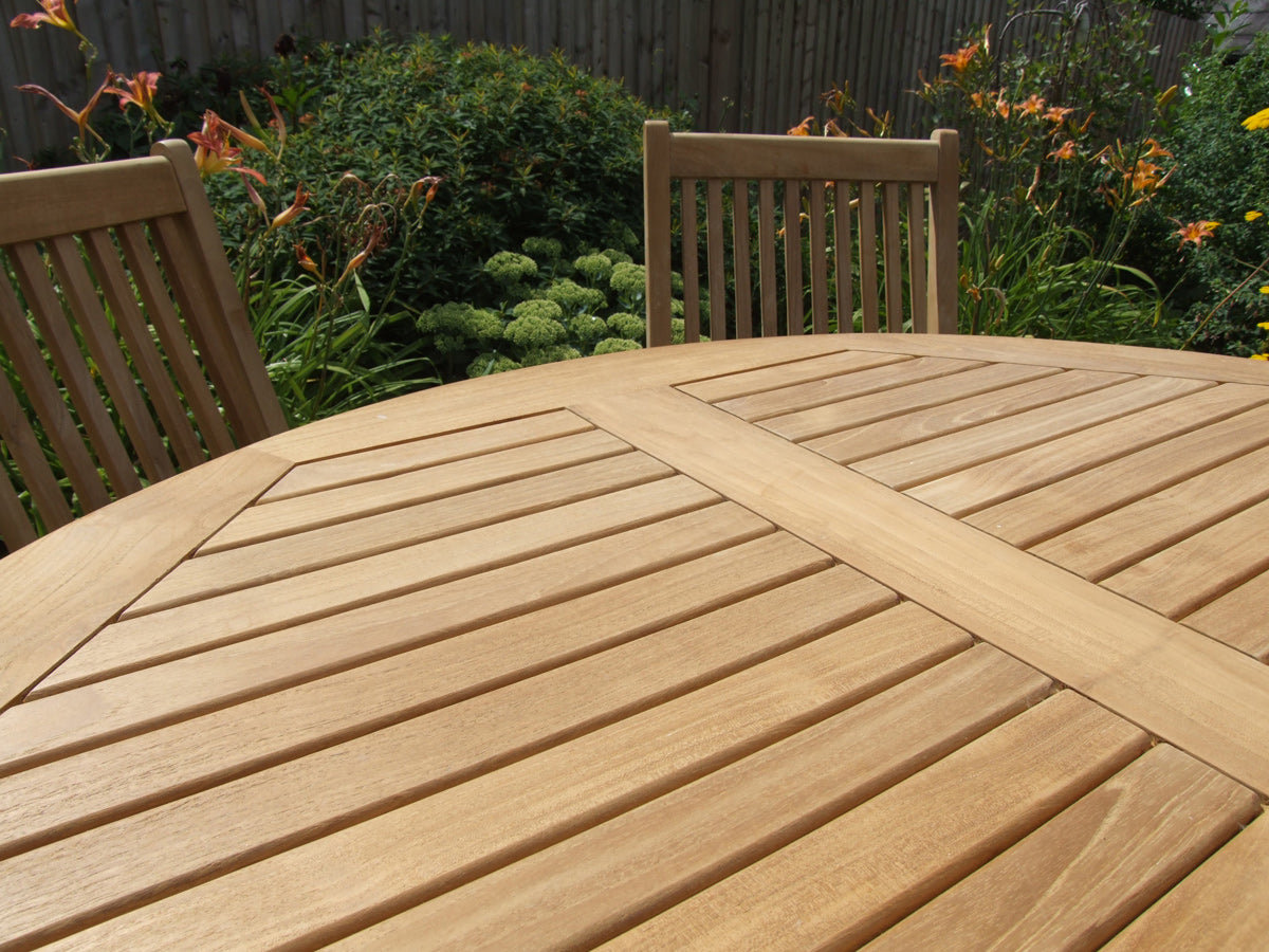 Teak Fixed Round Garden Table detailing table top